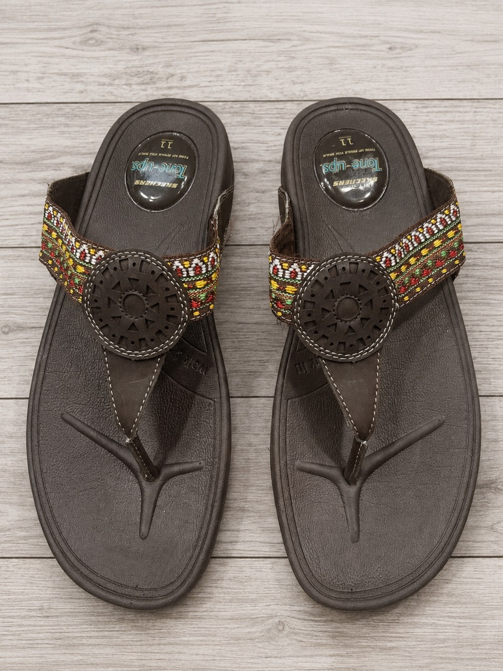 Skechers Tone-Ups Brown Boho Embroidered Thong Sandals Women’s Size 11 - Picture 2 of 14